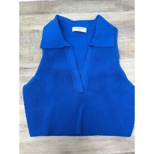 Babaton Womens Small Blue Sleeveless Crop Top V-Neck Collared Ribbed‎ Stretch